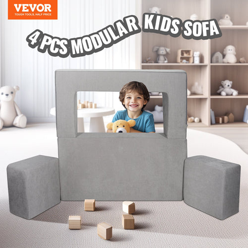 Kids Couch, 4Pcs Modular Kids Play Couch, Toddler Couch Sofa Bed, Kids Chair Seat Playroom Furniture, Child Sectional Sofa With Removable Cover For Kids Girls & Boys, Grey