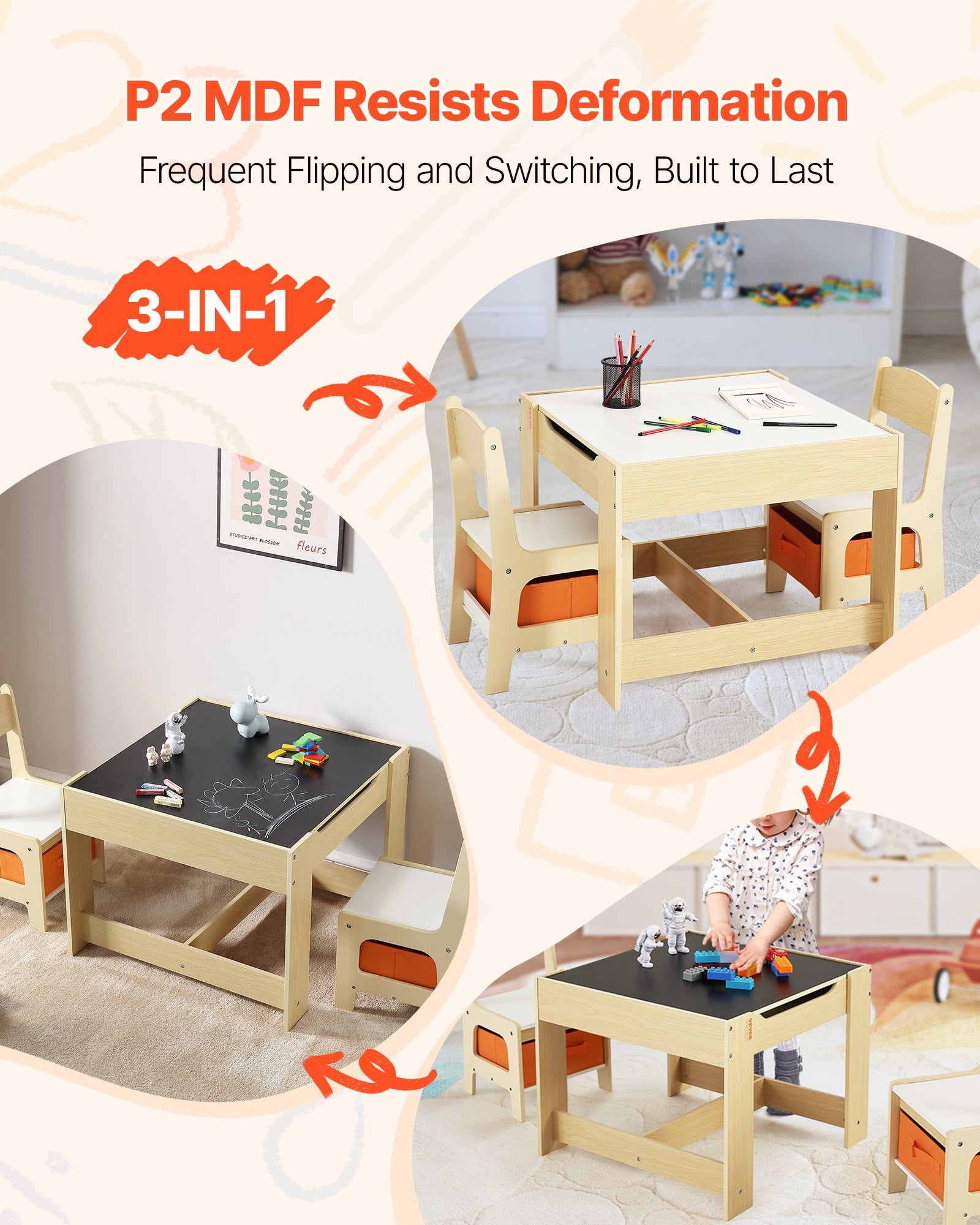 Kids Table And 2 Chairs Set, Toddler Table And Chair Set With Storage Space Under The Table, Cloth Storage Box Under The Chairs, Wooden Desk For Art, Craft, Reading, Learning, Drawing, Burlywood
