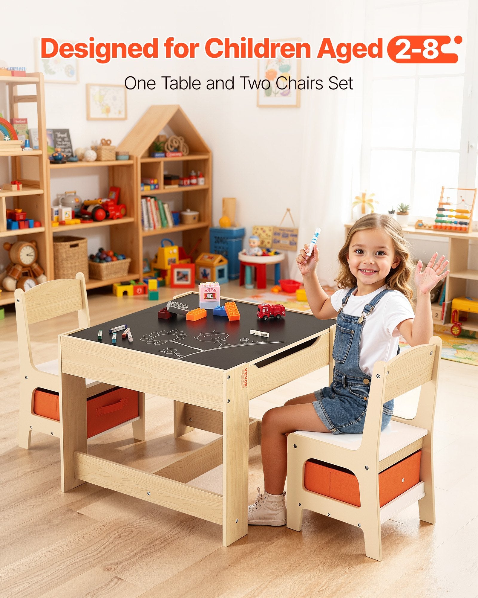 Kids Table And 2 Chairs Set, Toddler Table And Chair Set With Storage Space Under The Table, Cloth Storage Box Under The Chairs, Wooden Desk For Art, Craft, Reading, Learning, Drawing, Burlywood