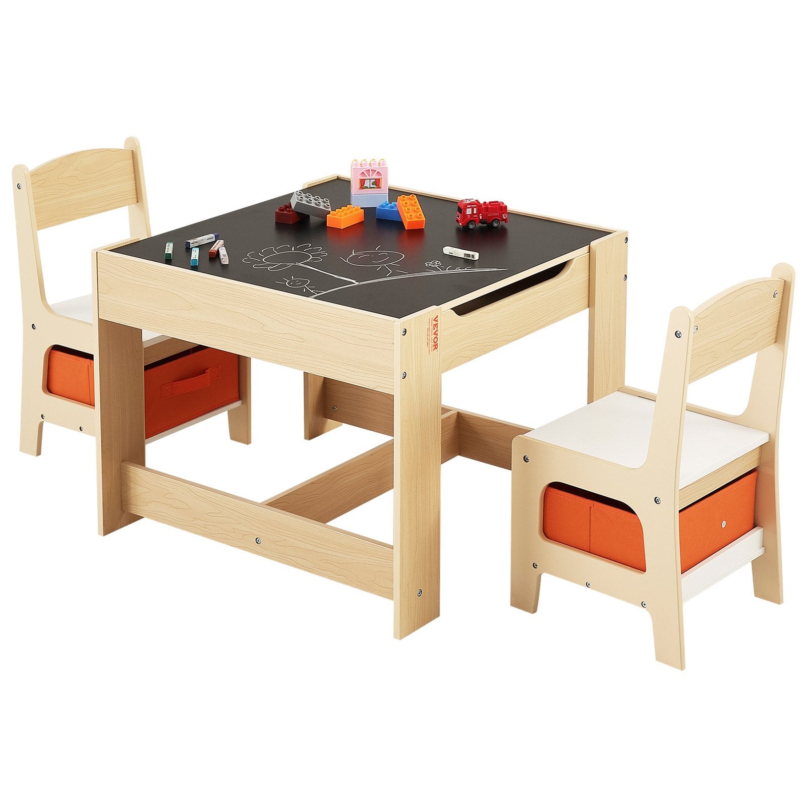 Kids Table And 2 Chairs Set, Toddler Table And Chair Set With Storage Space Under The Table, Cloth Storage Box Under The Chairs, Wooden Desk For Art, Craft, Reading, Learning, Drawing, Burlywood