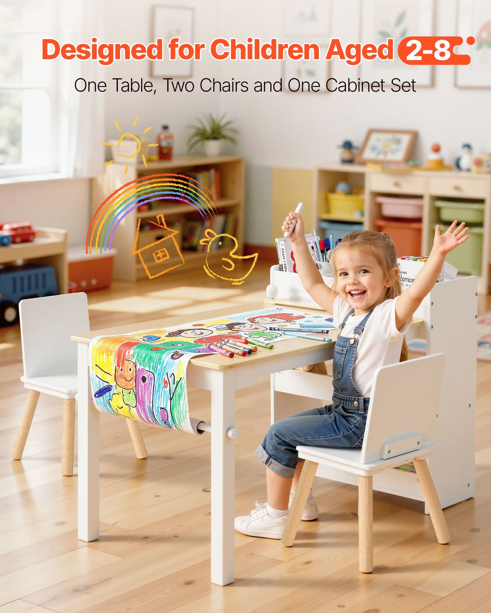 Kids Art Table And Chair Set, Toddler Craft Table With 3 Tiers Storage Cabinet, Wooden Kids Activity Play Desk With 2 Chairs, Art Craft Play Desk For Reading, Learning, Drawing, Writing, White