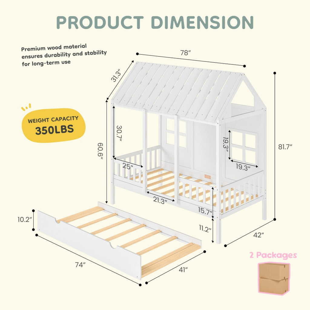 Twin House Bed With Trundle, 77.95'' Wooden Playhouse Bed Frame For Kids With Safety Rails & Window--A-B Combo Sale, Please Do Not Purchase Individually
