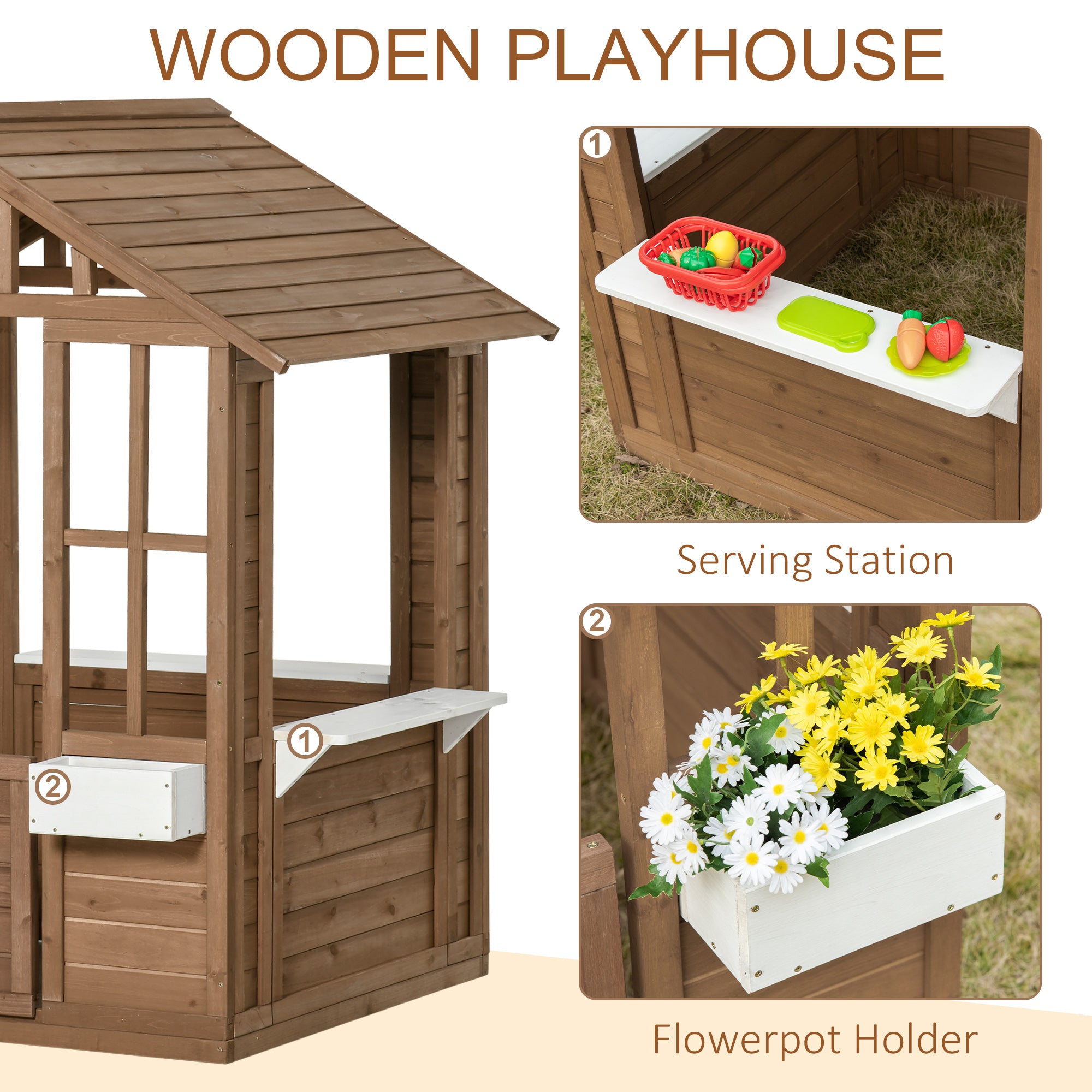 Kids Wooden Playhouse, Outdoor Garden Games Cottage with Flowers Pot Holder, Working Door, Windows, Brown