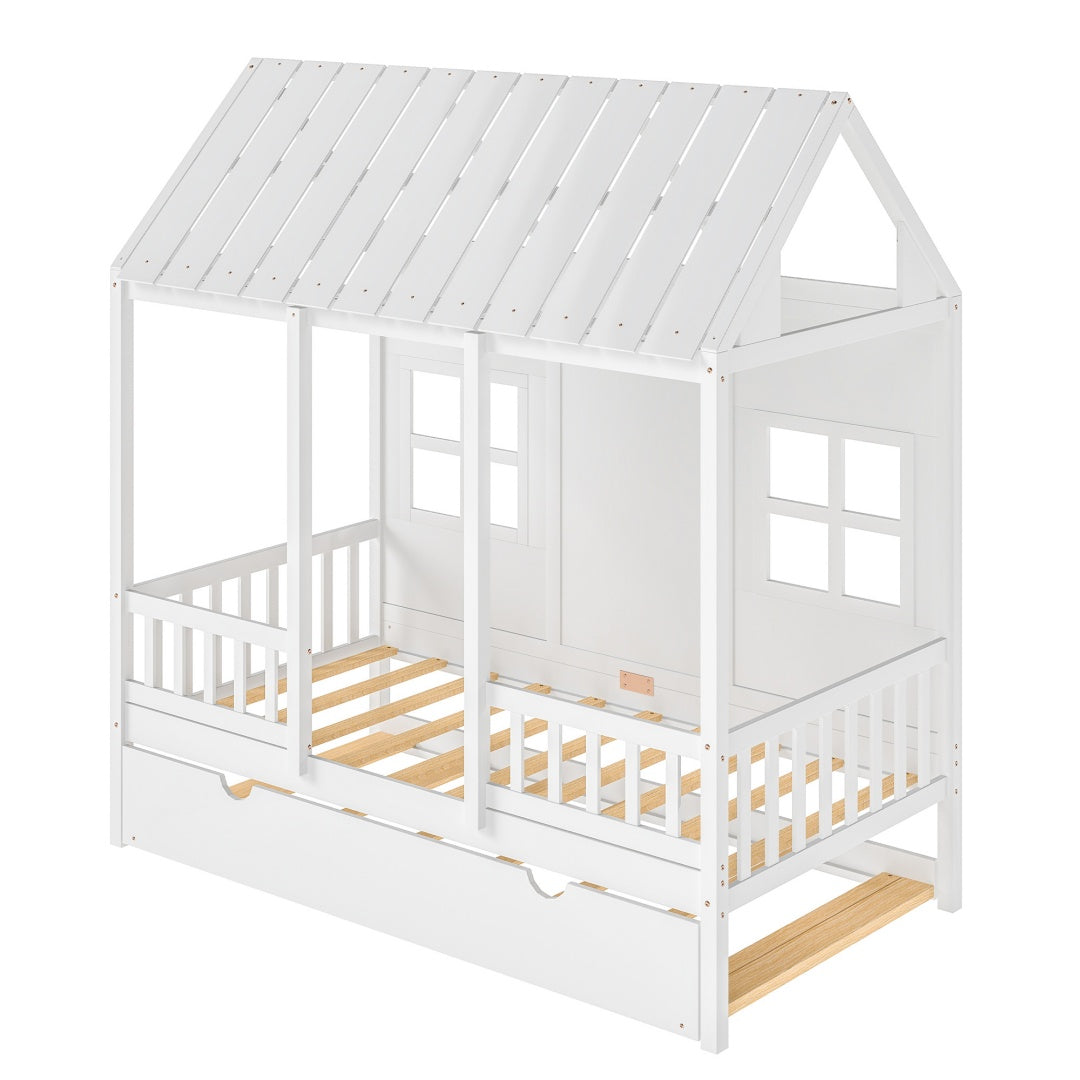Twin House Bed With Trundle, 77.95'' Wooden Playhouse Bed Frame For Kids With Safety Rails & Window--A-B Combo Sale, Please Do Not Purchase Individually