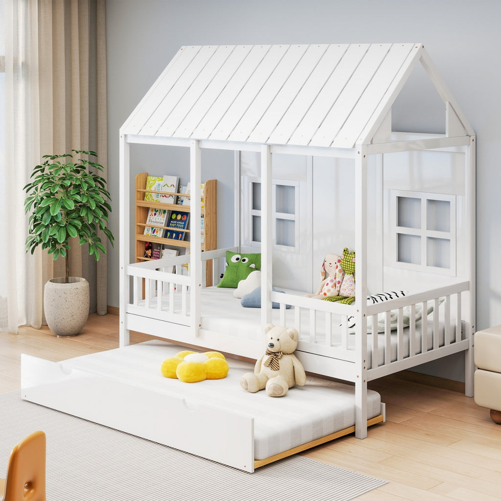 Twin House Bed With Trundle, 77.95'' Wooden Playhouse Bed Frame For Kids With Safety Rails & Window--A-B Combo Sale, Please Do Not Purchase Individually
