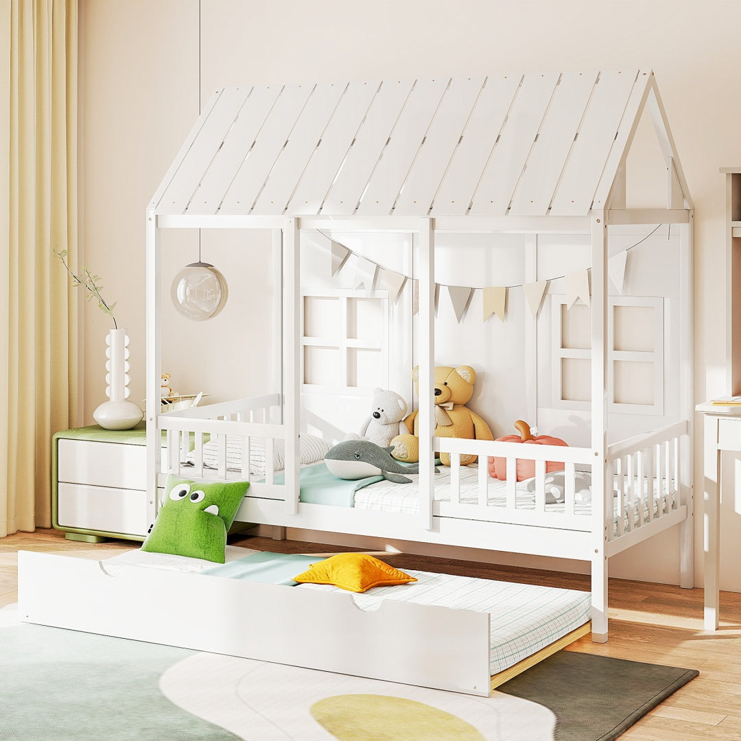 Twin House Bed With Trundle, 77.95'' Wooden Playhouse Bed Frame For Kids With Safety Rails & Window--A-B Combo Sale, Please Do Not Purchase Individually